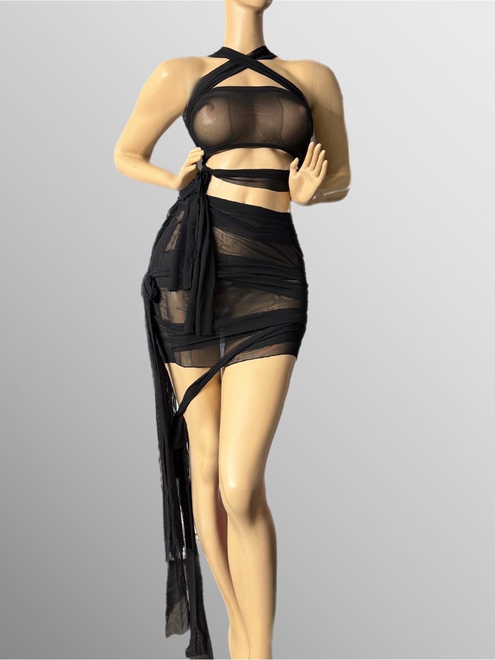 Belita Collection Women’s Asymmetrical Black Mesh Wrap Dress